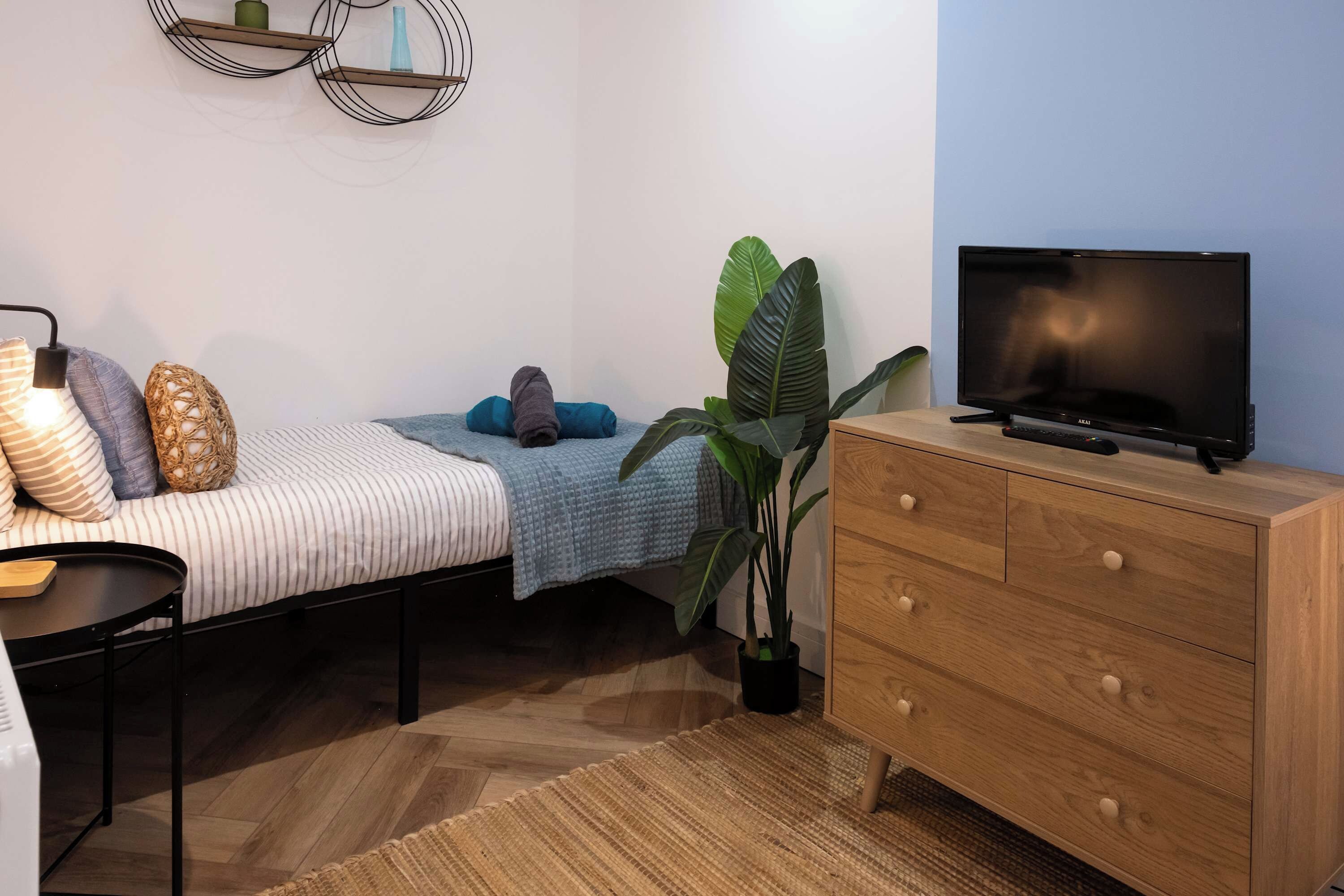 A bedroom with a bed, bedside table, lamp, TV, dresser, and a potted plant.
