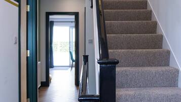 A modern interior with a carpeted staircase, wooden flooring, and a view into a bright room.