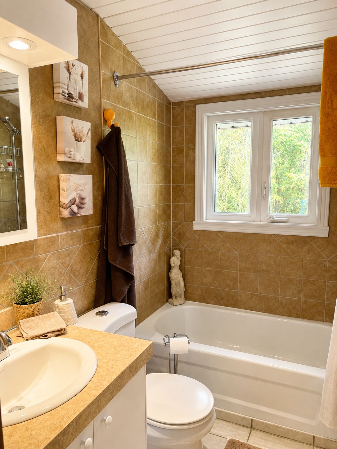 Une salle de bain équipée d’une baignoire, de toilettes, d’un lavabo et d’une fenêtre donnant sur un espace verdoyant.