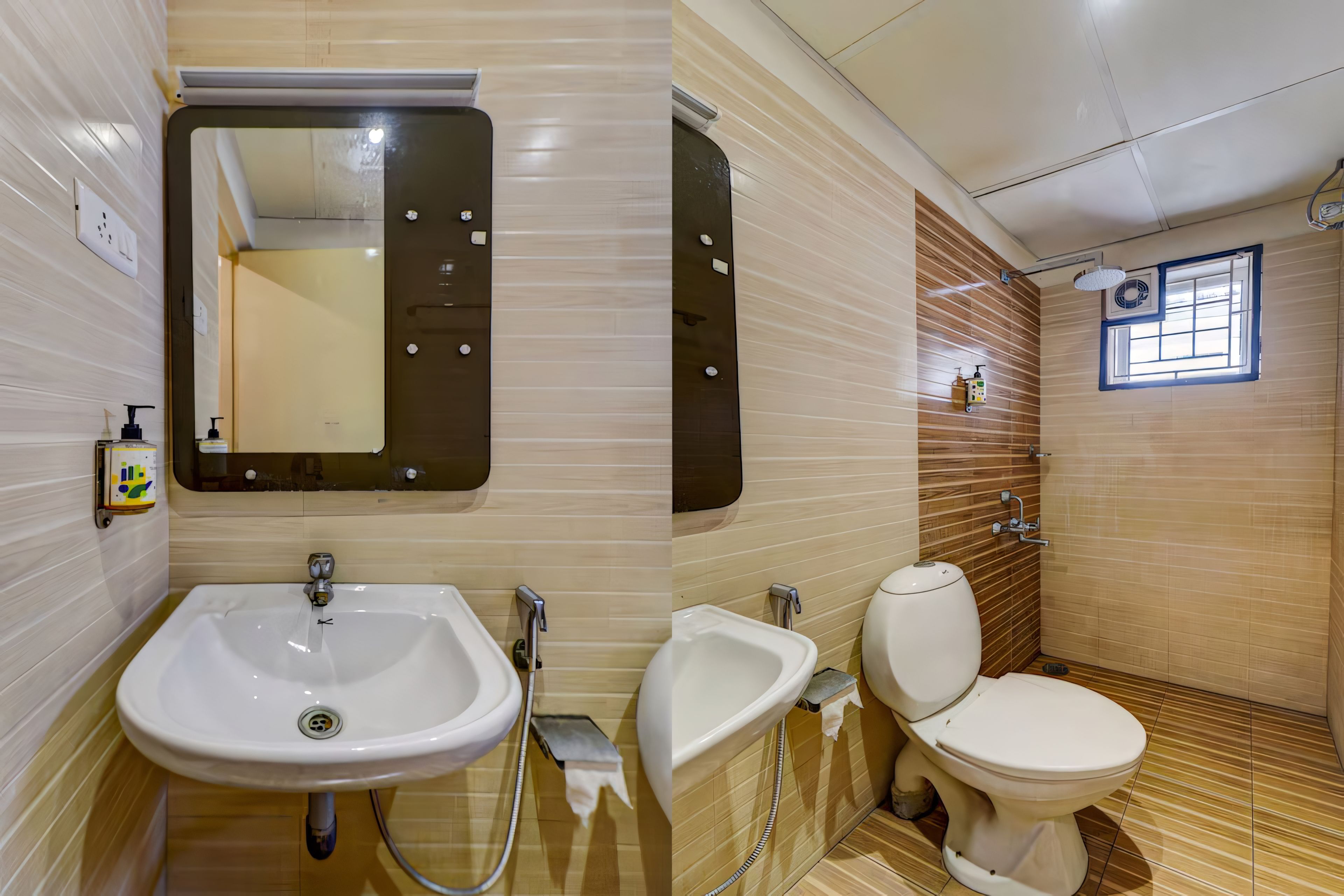 Un baño con lavamanos, bidé, inodoro y espejo.