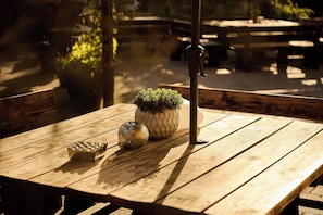 Una mesa de madera con una planta en maceta y un cuenco decorativo.