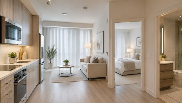 Een modern appartement met keuken, woonruimte en slaapkamer.