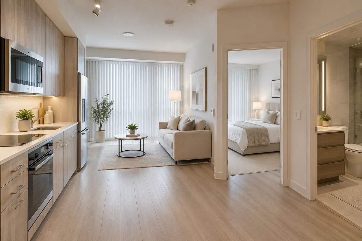 Un apartamento moderno con cocina, sala de estar y dormitorio.