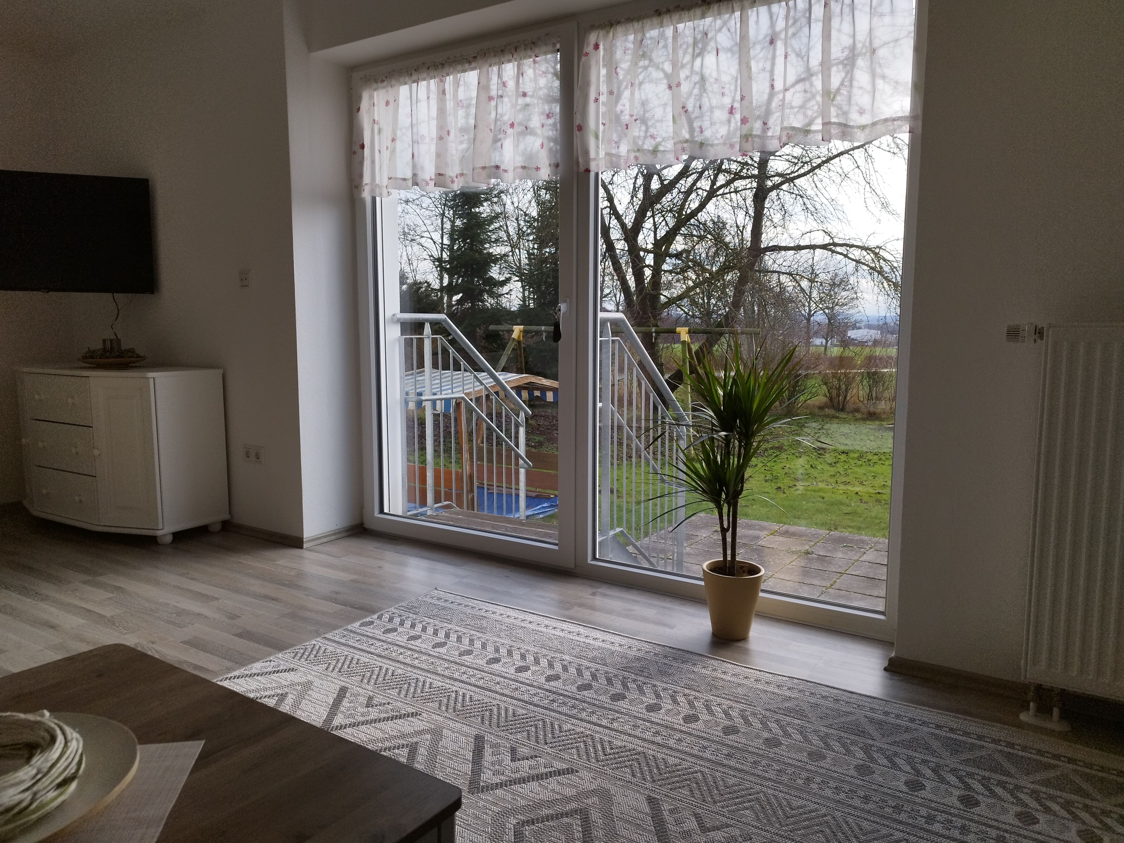 Ein Zimmer mit einer Schiebetür zum Balkon, einem weißen Schrank, einem gemusterten Teppich und einer Topfpflanze.