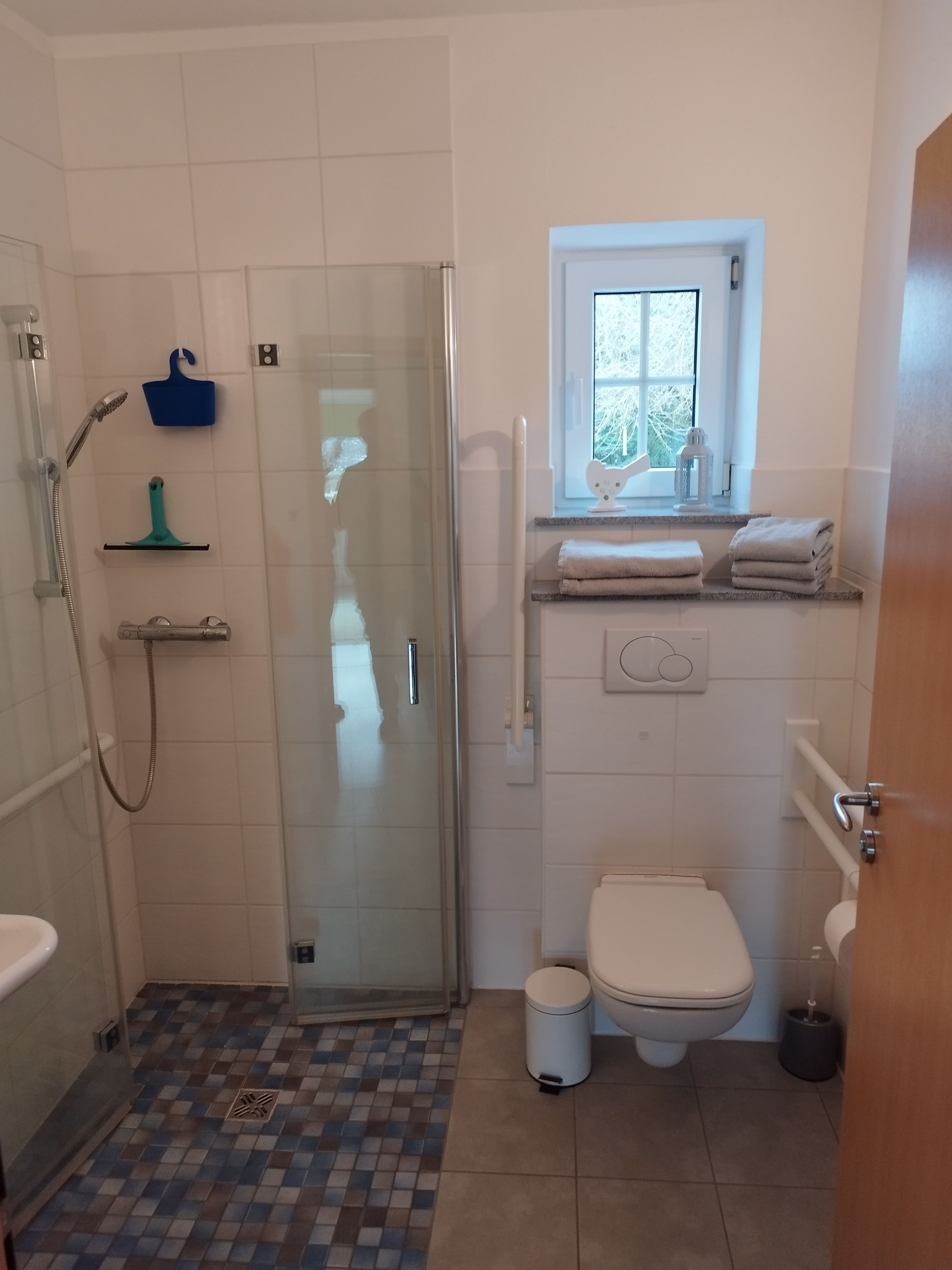 Een badkamer met een douchecabine van glas, een toilet, een wastafel en een raam met uitzicht op bomen.