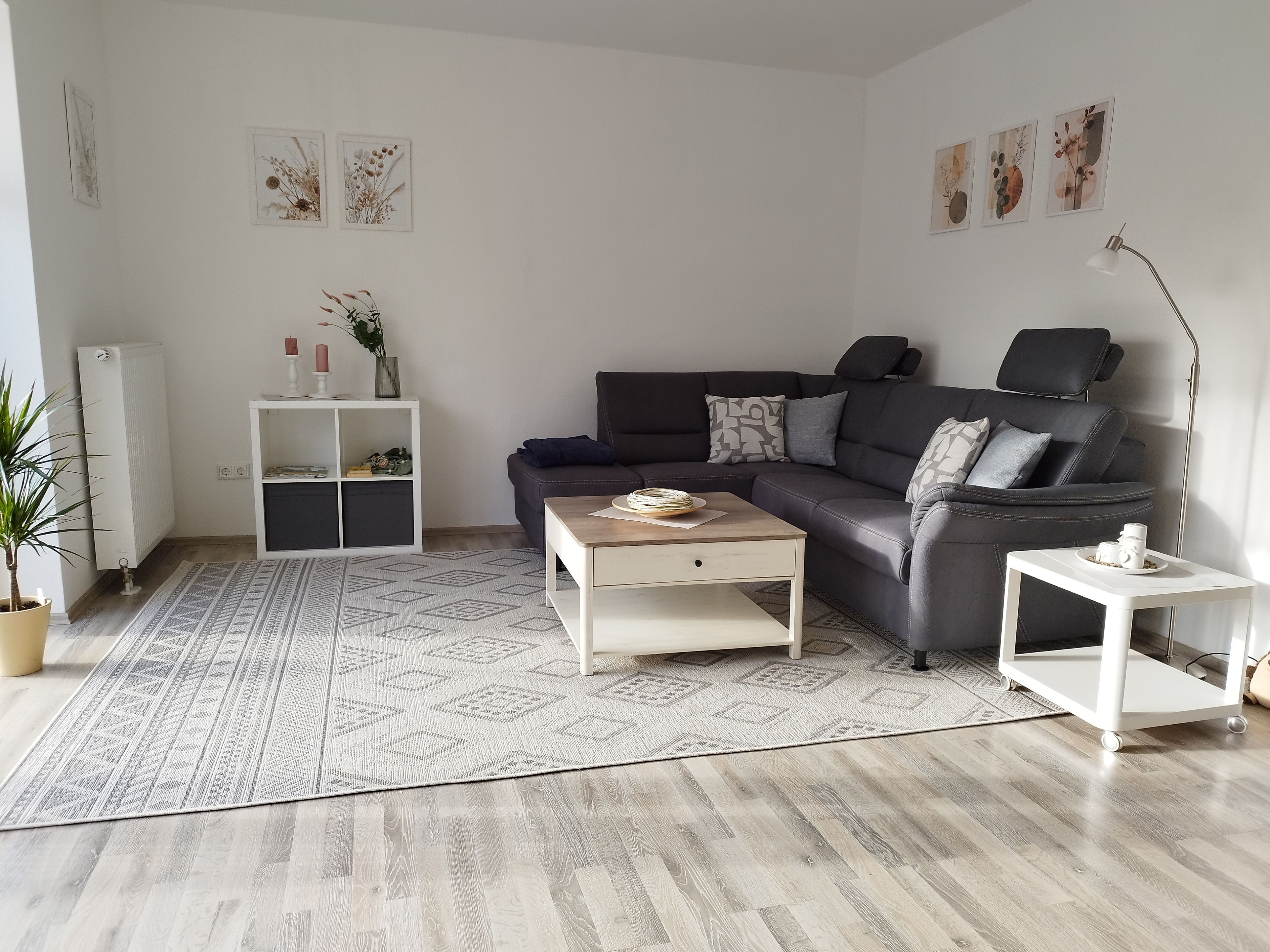 Een moderne woonkamer met een donkerbank, een witte salontafel, een witte bijzettafel, een kamerkleed met patroon en een radiator.