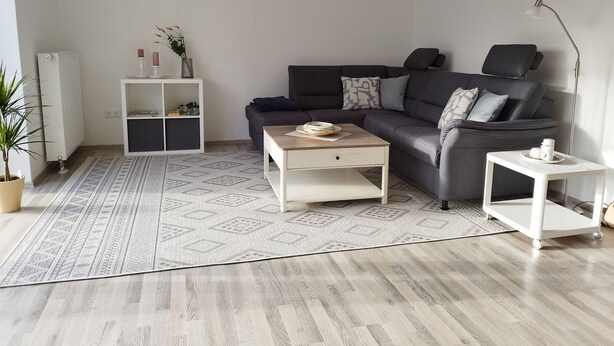 En moderne stue med en mørk sofa, et hvidt sofabord, et hvidt sengebord, en gulvtæppe med mønster og en radiator.