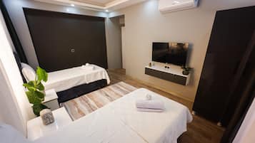 Et moderne hotelværelse med to senge, et fladskærms-tv, en lille plante og en indbygget aircondition.