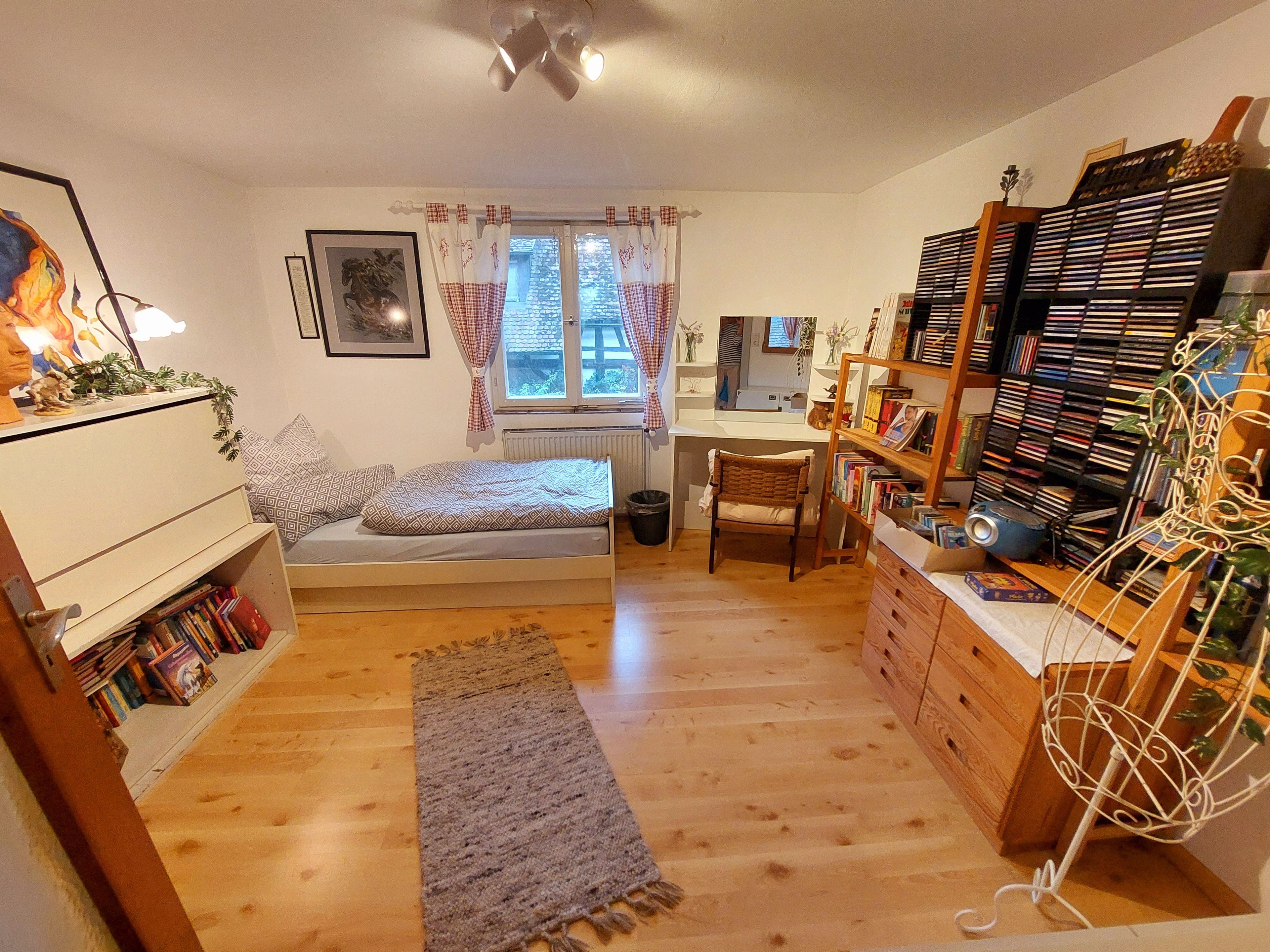 A cozy bedroom with a bed, a desk, a bookshelf, and a radiator.