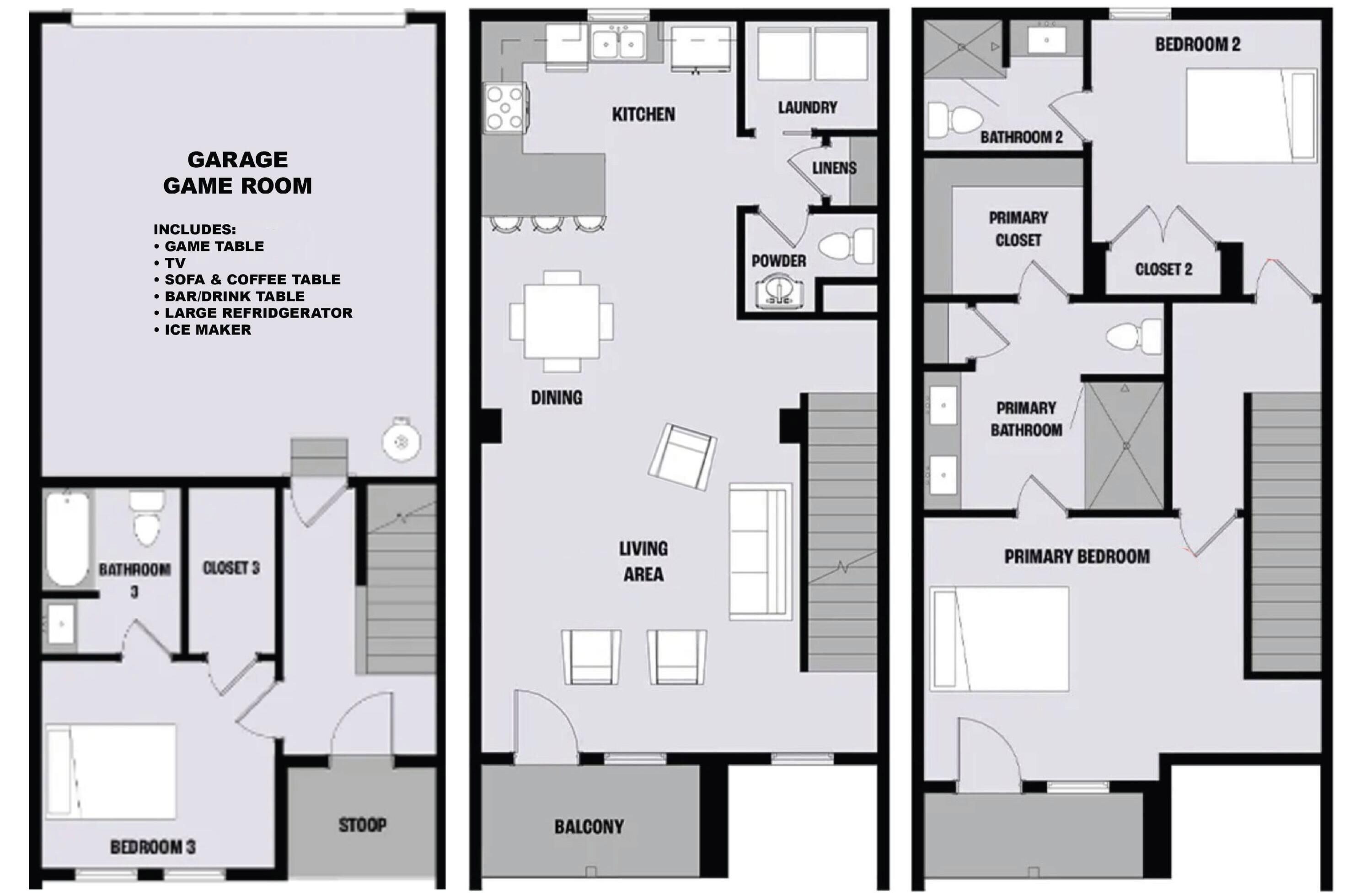 Een plattegrond met een garage, speelkamer, keuken, eetgedeelte, woonkamer, balkon en drie slaapkamers.