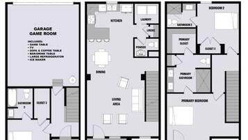 Een plattegrond met een garage, speelkamer, keuken, eetgedeelte, woonkamer, balkon en drie slaapkamers.