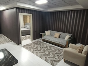 Una sala de estar moderna con un sofá, una mesa de centro y una alfombra estampada.