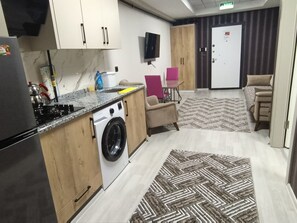 A compact kitchen with a washing machine, a stove, and a sink. There is a patterned rug on the floor and a door with a sign. - Alp Apart Otel (Aksaray)