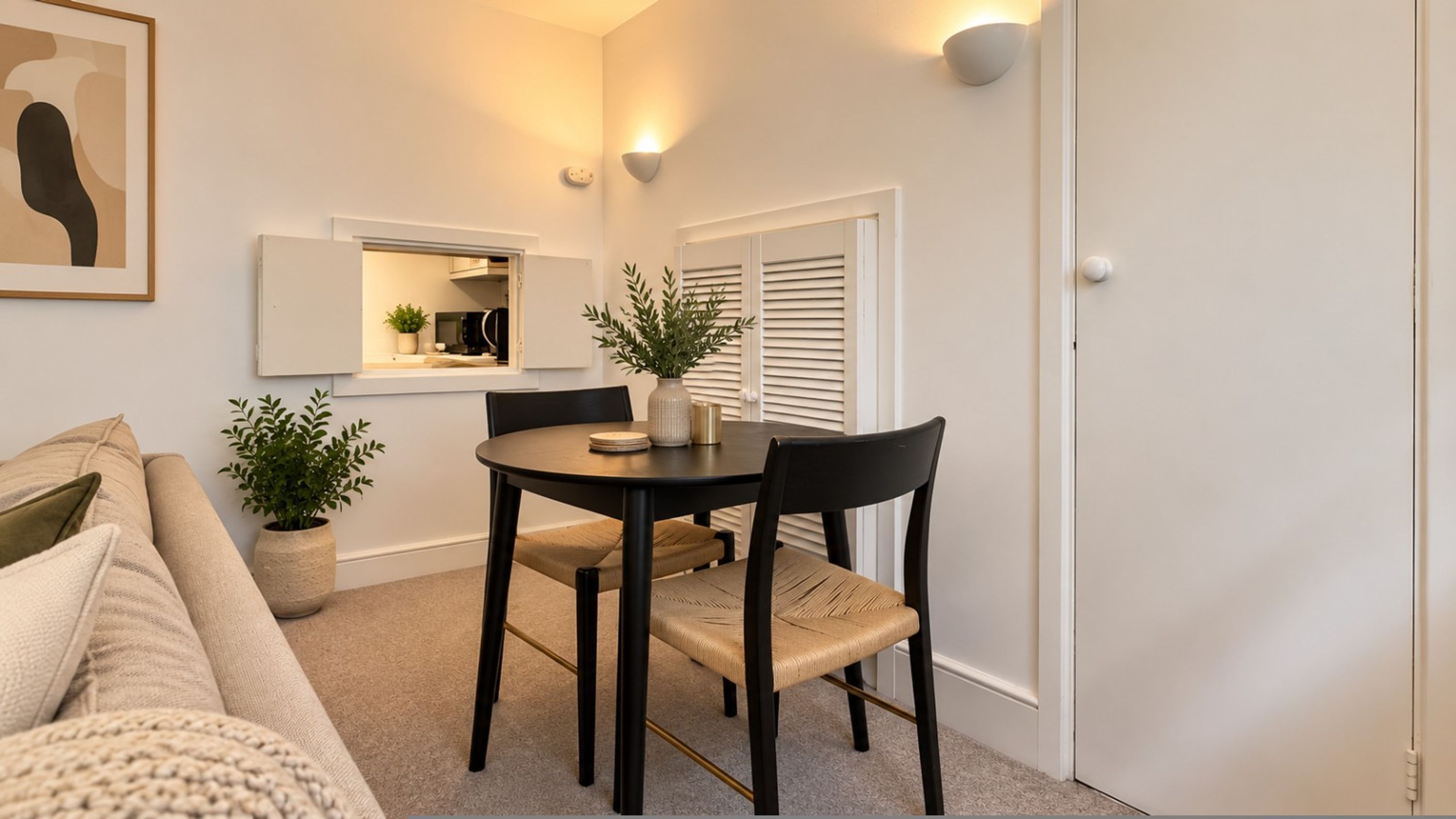 A compact living space with a dining area, a sofa, and a kitchen visible through an open door.