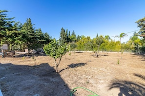 A dry, grassy area with a few young trees and a wooden structure. - Villa Dean Private Pool Family Golf Escape (Lagos)