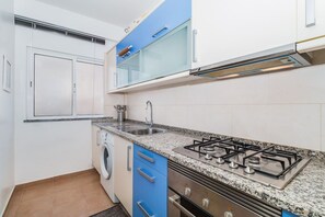Eine kompakte Küche mit Gaskochfeld, Backofen, Waschmaschine und Spüle.