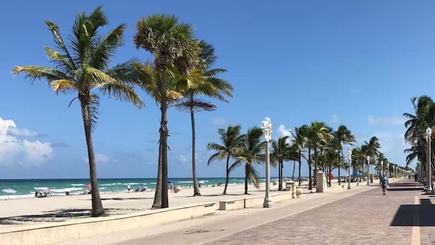 A beach with palm trees, a paved walkway, and the ocean in the background. - Beachside Comfort 2BR and 2BA With Outdoor Dining (Hollywood)