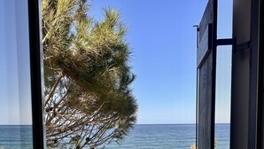 A view from a window overlooking a beach with a tree and ocean. - Villa Akroyiali Seafront (Pachyammos)