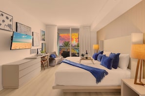 Ein Hotelzimmer mit Bett, Schreibtisch, Stuhl und Blick auf den Sonnenuntergang durch das Fenster.