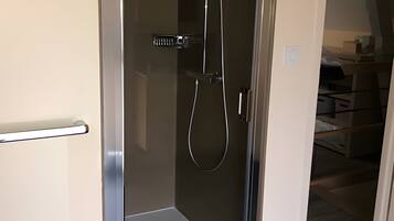 A glass-enclosed shower with a handheld showerhead and a handheld faucet.