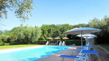 Une piscine entourée de verdure, avec des chaises longues et des parasols.