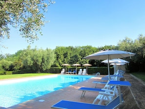 A swimming pool with lounge chairs and umbrellas, surrounded by greenery.