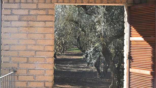 Un patio con un muro in mattoni, un tavolo e due sedie.