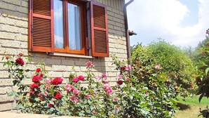 A brick house with two windows, each with wooden shutters. - Montecasciano Mimosa (Capranica)