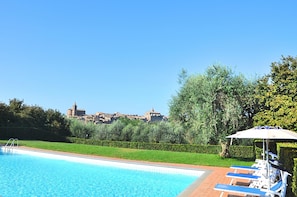 A swimming pool with lounge chairs and an umbrella, surrounded by greenery and a view of a historic building.