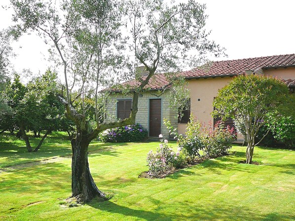 A house with a garden, a tree, and a small building with a tiled roof.