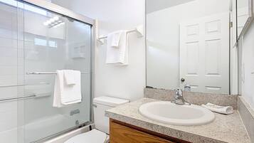 Un bagno moderno con box doccia in vetro, un water bianco, un lavabo con piano in granito e uno specchio grande.