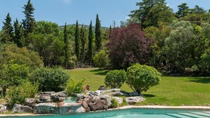 Una piscina cristalina con un paisaje natural de fondo.