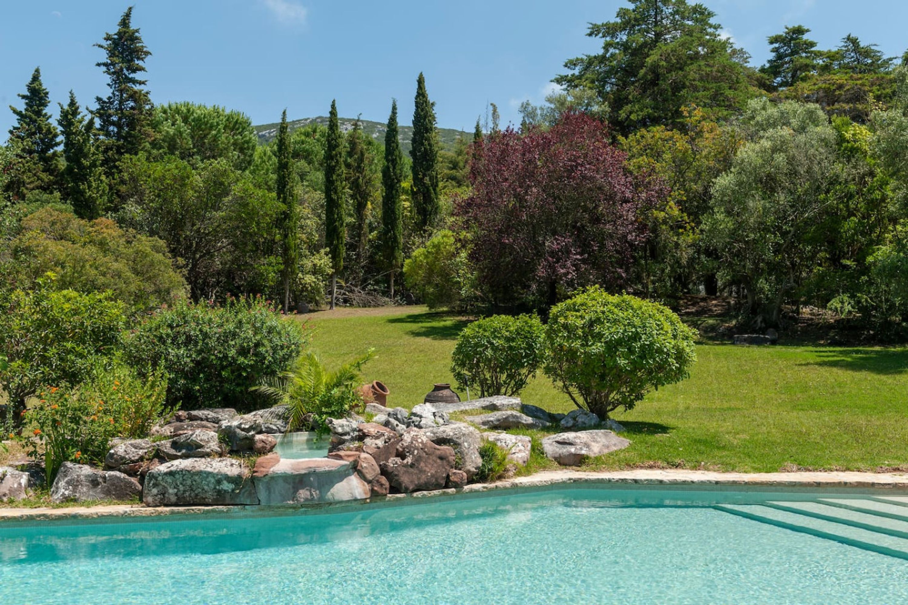 Una piscina cristalina con un paisaje natural de fondo.