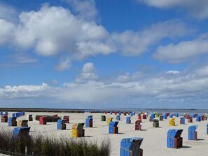 A beach with numerous colorful beach huts arranged in rows. - Holiday Home in Dornum With Swimming Pool (Dornum)