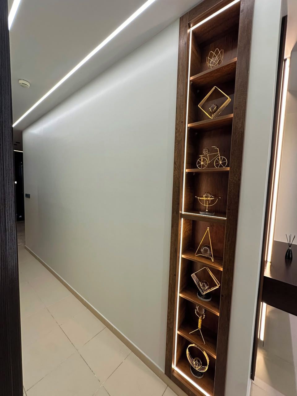 Un couloir doté d’une bibliothèque intégrée où sont exposés divers objets décoratifs.