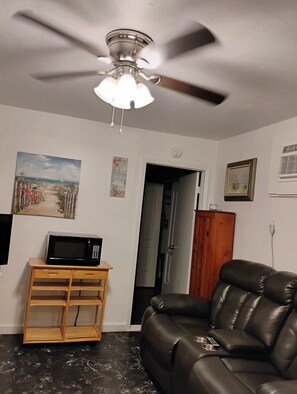 A living room with a ceiling fan, a microwave on a wooden stand, a leather sofa, and artwork on the walls. - Comfortable Cozy 1 bedroom Cottage in quaint Port Orange (Port Orange)