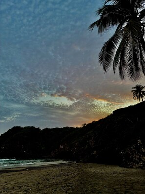 Ein Strand mit einer Palme, einem felsigen Hügel und einem bewölkten Himmel.
