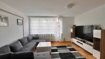 A modern living room with a sectional sofa, a flat-screen TV, and a patterned rug.
