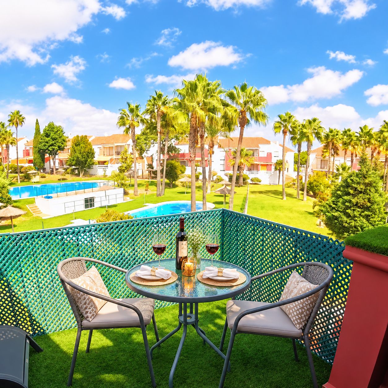 A balcony with a glass table, two chairs, and a bottle of wine.