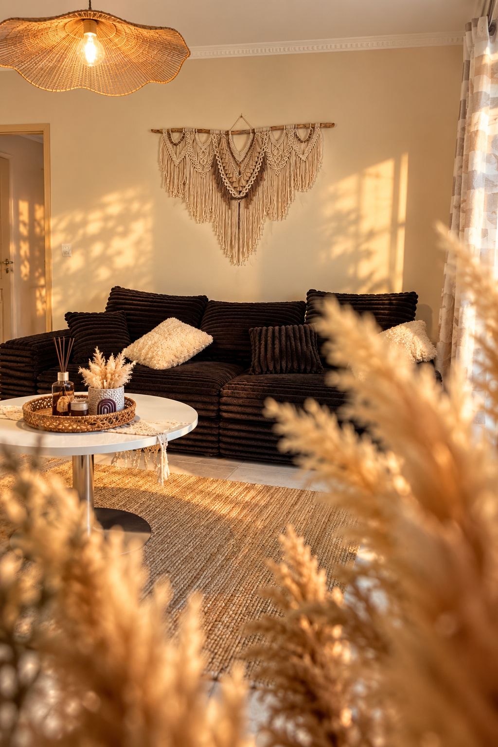 A cozy living room with a dark brown sofa, a round coffee table, and a macramé wall hanging.
