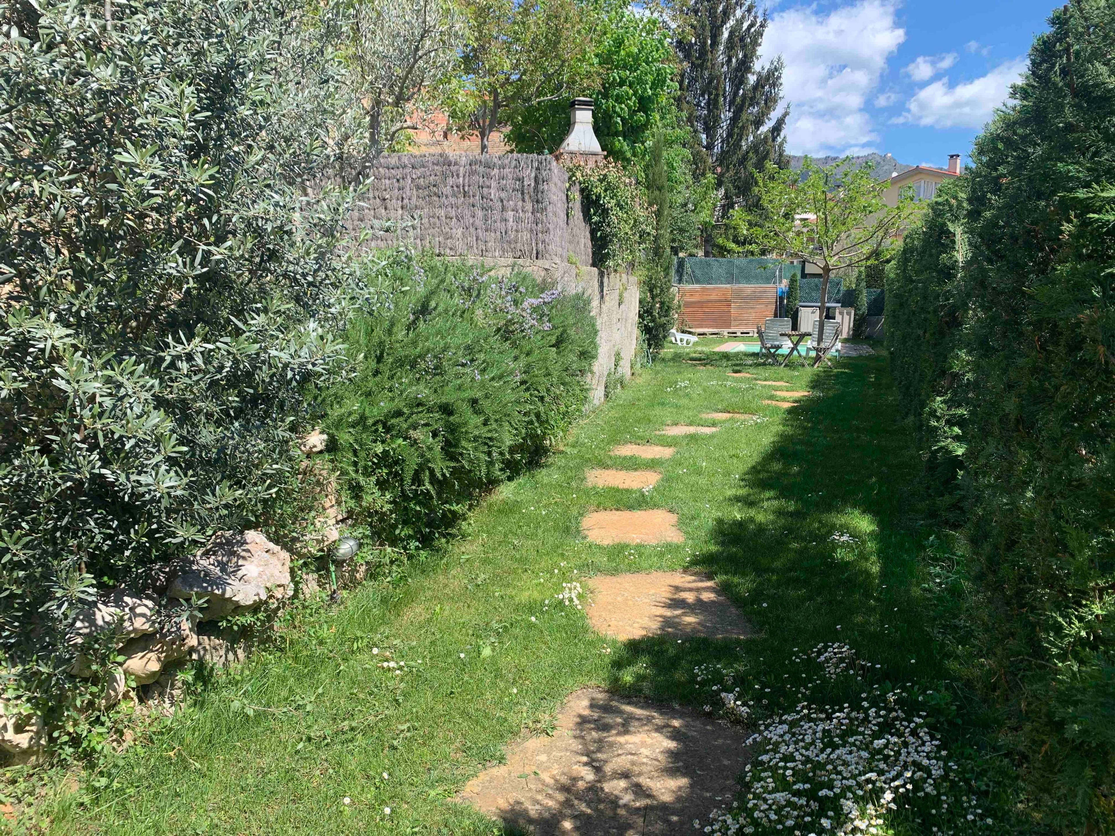 Un sendero en el jardín con piedras, rodeado de follaje y un muro de piedra.