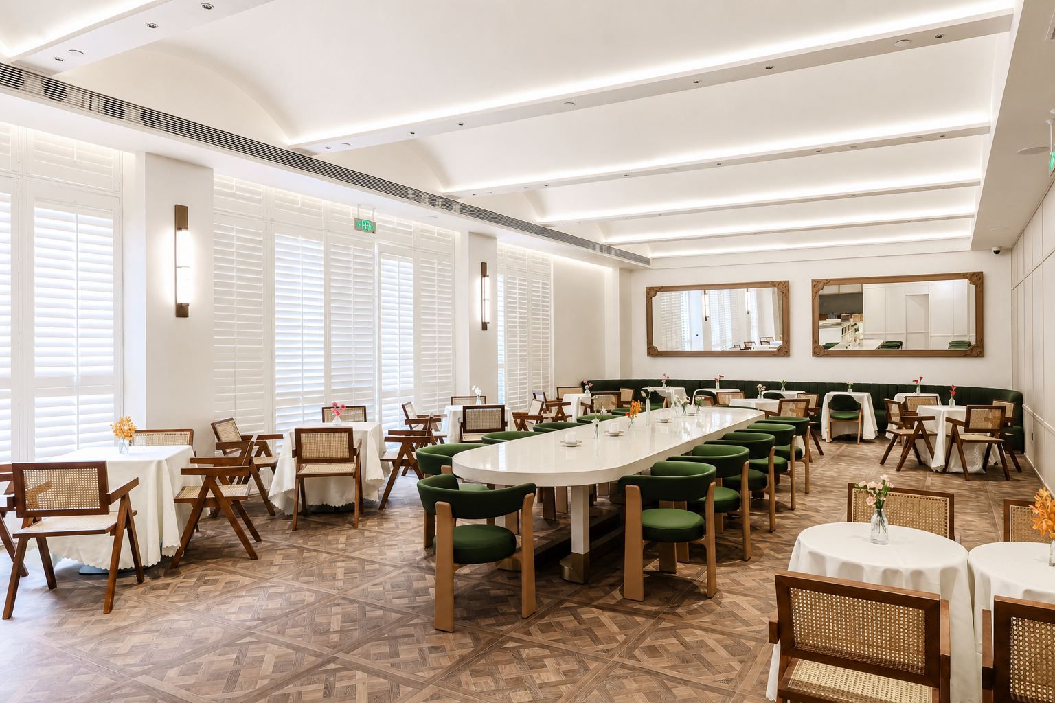 Un comedor amplio con una mesa larga, varias sillas y un techo alto con iluminación empotrada.