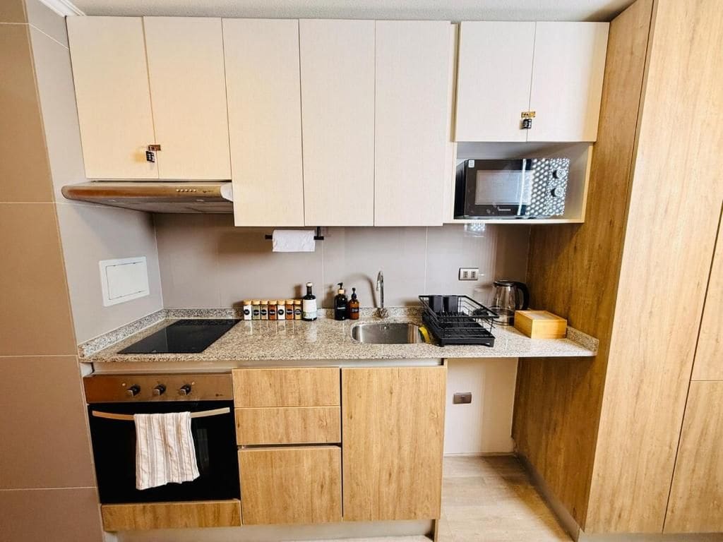 Een praktische keuken met een kookplaat, magnetron en spoelbak. Boven het aanrecht zijn kastjes en eronder een kleine oven.