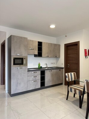 A modern kitchen with grey cabinets, a built-in oven, and a stainless steel sink. - Modern Apartment in Paceville Steps from Beach (San Ġiljan)