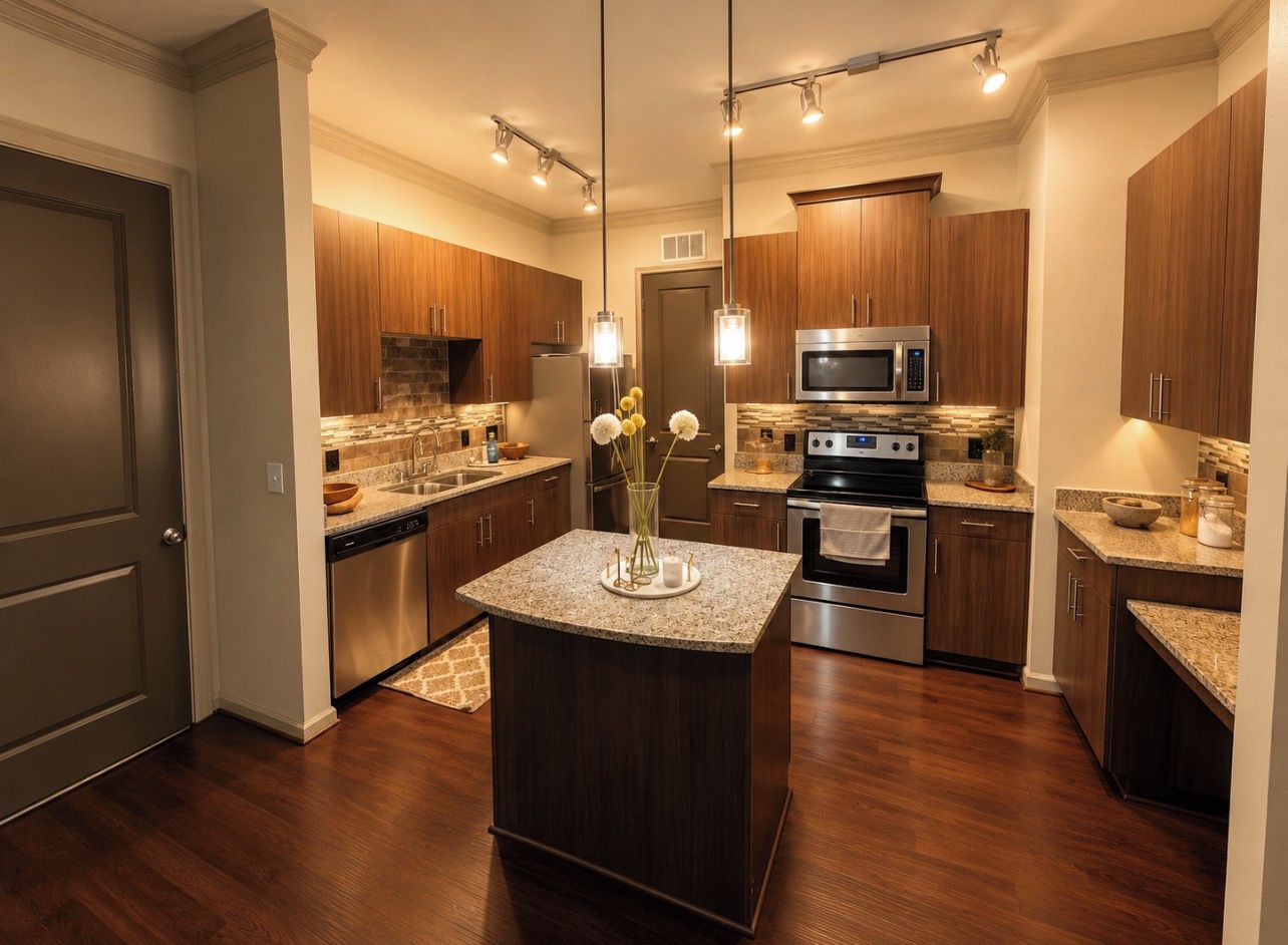 Une cuisine moderne avec des meubles en bois, un îlot central, des appareils en acier inoxydable et des luminaires suspendus.