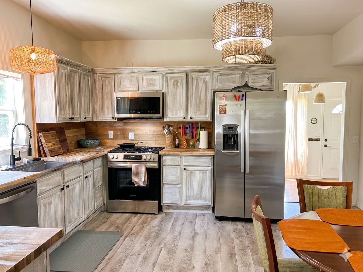 A kitchen with wooden cabinets, stainless steel appliances, and a dining area with a table and chairs.