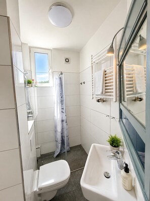 Ein kleines Badezimmer mit Toilette, Waschbecken und Dusche.