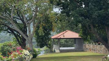 A garden with a gazebo, a swimming pool, and a stone wall.