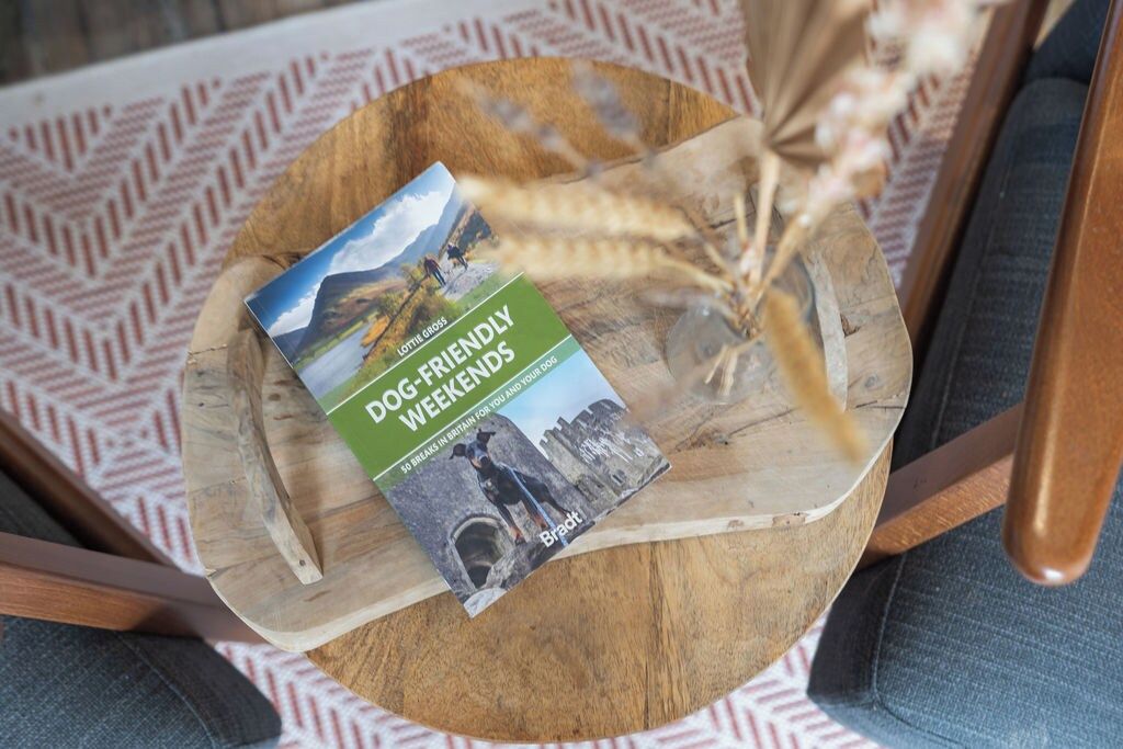 A book titled 'Dog-Friendly Weekends' on a round wooden table with a patterned cloth underneath.