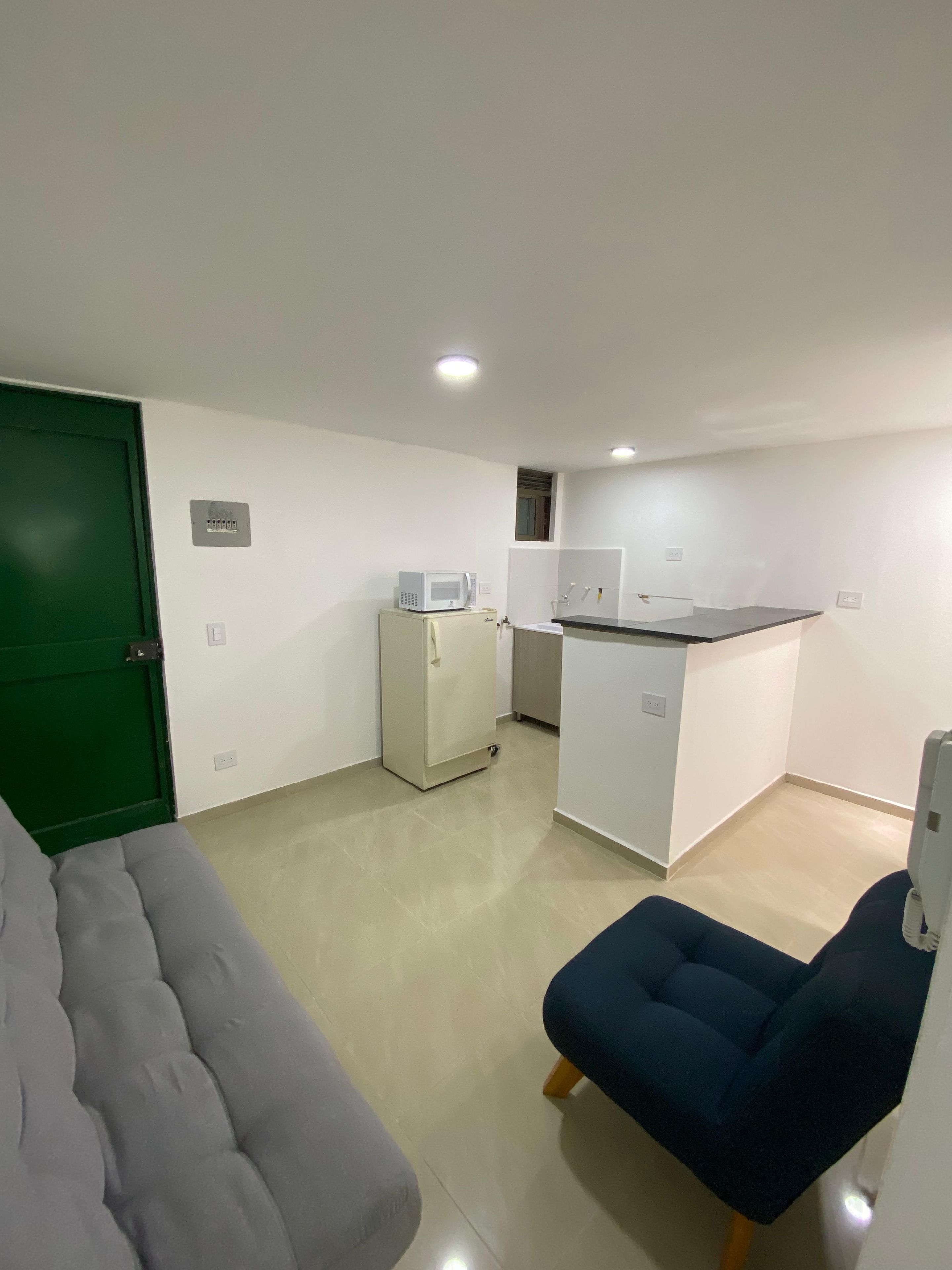 A compact living space with a kitchenette, a green door, a grey sofa, and a blue chair.